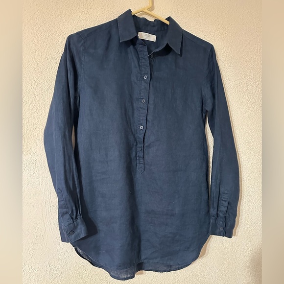 Uniqlo Tops - Uniqlo Pullover Shirt Women Navy 100% Linen Collar Button Up Long Sleeve Size XS